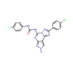 Cn1cc2c(nc(NC(=O)Nc3ccc(F)cc3)n3nc(-c4ccc(Cl)cc4)nc23)n1 ZINC000072126948