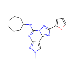 Cn1cc2c(nc(NC3CCCCCC3)n3nc(-c4ccco4)nc23)n1 ZINC000095575813