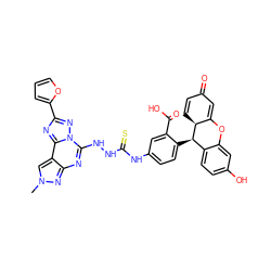 Cn1cc2c(nc(NNC(=S)Nc3ccc([C@@H]4c5ccc(O)cc5OC5=CC(=O)C=C[C@@H]54)c(C(=O)O)c3)n3nc(-c4ccco4)nc23)n1 ZINC000096914717