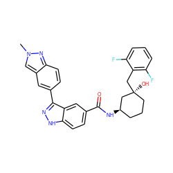 Cn1cc2cc(-c3n[nH]c4ccc(C(=O)N[C@@H]5CCC[C@](O)(Cc6c(F)cccc6F)C5)cc34)ccc2n1 ZINC000200797274