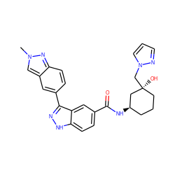 Cn1cc2cc(-c3n[nH]c4ccc(C(=O)N[C@@H]5CCC[C@](O)(Cn6cccn6)C5)cc34)ccc2n1 ZINC000200814645