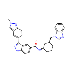 Cn1cc2cc(-c3n[nH]c4ccc(C(=O)N[C@@H]5CCC[C@H](Cn6cnc7ccccc76)C5)cc34)ccc2n1 ZINC000200851075