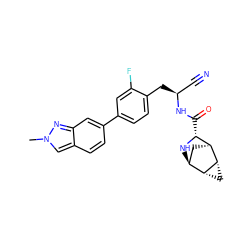 Cn1cc2ccc(-c3ccc(C[C@@H](C#N)NC(=O)[C@H]4N[C@H]5C[C@@H]4[C@@H]4C[C@H]54)c(F)c3)cc2n1 ZINC000219320009