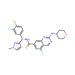 Cn1ccc([C@@H](NC(=O)c2cc(F)c3cnc(NC4CCOCC4)nc3c2)c2ccc(Cl)c(F)c2)n1 ZINC000207540062