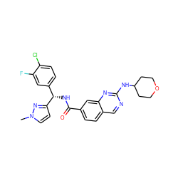 Cn1ccc([C@@H](NC(=O)c2ccc3cnc(NC4CCOCC4)nc3c2)c2ccc(Cl)c(F)c2)n1 ZINC000207537266