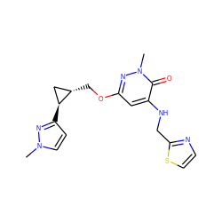 Cn1ccc([C@H]2C[C@@H]2COc2cc(NCc3nccs3)c(=O)n(C)n2)n1 ZINC000218489878