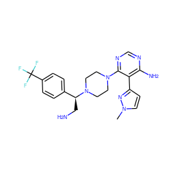 Cn1ccc(-c2c(N)ncnc2N2CCN([C@@H](CN)c3ccc(C(F)(F)F)cc3)CC2)n1 ZINC000218683605