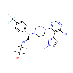 Cn1ccc(-c2c(N)ncnc2N2CCN([C@@H](CNC(C)(C)C(C)(C)O)c3ccc(C(F)(F)F)cc3)CC2)n1 ZINC000219307479