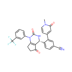 Cn1ccc(-c2cc(C#N)ccc2[C@H]2NC(=O)N(c3cccc(C(F)(F)F)c3)C3=C2C(=O)CC3)cc1=O ZINC001772625635