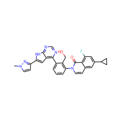 Cn1ccc(-c2cc3c(-c4cccc(-n5ccc6cc(C7CC7)cc(F)c6c5=O)c4CO)ncnc3[nH]2)n1 ZINC000299871258