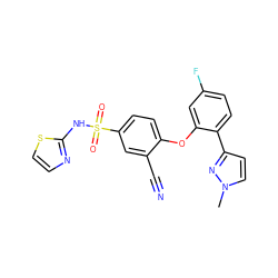 Cn1ccc(-c2ccc(F)cc2Oc2ccc(S(=O)(=O)Nc3nccs3)cc2C#N)n1 ZINC000095582900