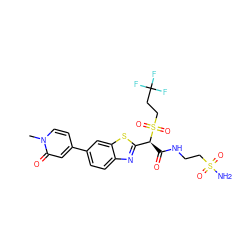 Cn1ccc(-c2ccc3nc([C@H](C(=O)NCCS(N)(=O)=O)S(=O)(=O)CCC(F)(F)F)sc3c2)cc1=O ZINC000261171400