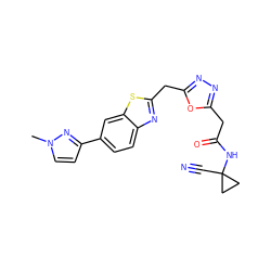 Cn1ccc(-c2ccc3nc(Cc4nnc(CC(=O)NC5(C#N)CC5)o4)sc3c2)n1 ZINC000149857055