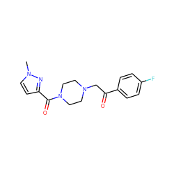 Cn1ccc(C(=O)N2CCN(CC(=O)c3ccc(F)cc3)CC2)n1 ZINC000058563696