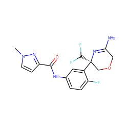 Cn1ccc(C(=O)Nc2ccc(F)c([C@]3(C(F)F)COCC(N)=N3)c2)n1 ZINC000113678443