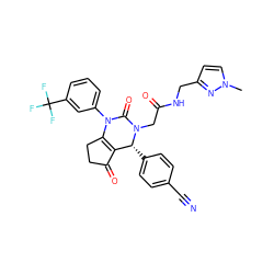 Cn1ccc(CNC(=O)CN2C(=O)N(c3cccc(C(F)(F)F)c3)C3=C(C(=O)CC3)[C@H]2c2ccc(C#N)cc2)n1 ZINC001772636402