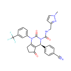 Cn1ccc(CNC(=O)N2C(=O)N(c3cccc(C(F)(F)F)c3)C3=C(C(=O)CC3)[C@@H]2c2ccc(C#N)cc2)n1 ZINC001772588502