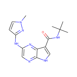 Cn1ccc(Nc2cnc3[nH]cc(C(=O)NC(C)(C)C)c3n2)n1 ZINC000145179196