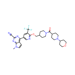 Cn1ccc2c(-c3cnc(OCC4CCN(C(=O)C5CCN(C6CCOCC6)CC5)CC4)c(C(F)(F)F)c3)nc(C#N)nc21 ZINC001772610140