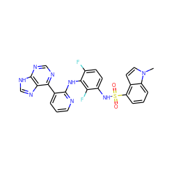 Cn1ccc2c(S(=O)(=O)Nc3ccc(F)c(Nc4ncccc4-c4ncnc5[nH]cnc45)c3F)cccc21 ZINC000166380895
