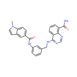 Cn1ccc2cc(C(=O)Nc3cccc(CNc4ncnc5c(C(N)=O)cccc45)c3)ccc21 ZINC000114344558