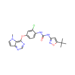 Cn1ccc2ncnc(Oc3ccc(NC(=O)Nc4cc(C(C)(C)C)on4)c(Cl)c3)c21 ZINC000064498999