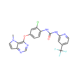 Cn1ccc2ncnc(Oc3ccc(NC(=O)Nc4cc(C(F)(F)F)ccn4)c(Cl)c3)c21 ZINC000043151764