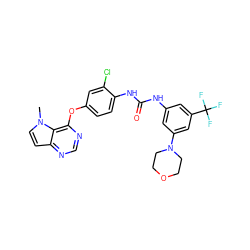 Cn1ccc2ncnc(Oc3ccc(NC(=O)Nc4cc(N5CCOCC5)cc(C(F)(F)F)c4)c(Cl)c3)c21 ZINC000064415775