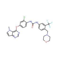 Cn1ccc2ncnc(Oc3ccc(NC(=O)Nc4ccc(CN5CCOCC5)c(C(F)(F)F)c4)c(Cl)c3)c21 ZINC000064245787