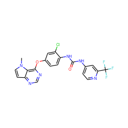 Cn1ccc2ncnc(Oc3ccc(NC(=O)Nc4ccnc(C(F)(F)F)c4)c(Cl)c3)c21 ZINC000064510673