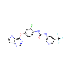 Cn1ccc2ncnc(Oc3ccc(NC(=O)Nc4cncc(C(F)(F)F)c4)c(Cl)c3)c21 ZINC000064510722