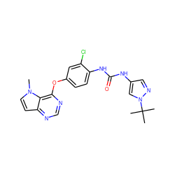 Cn1ccc2ncnc(Oc3ccc(NC(=O)Nc4cnn(C(C)(C)C)c4)c(Cl)c3)c21 ZINC000064491829