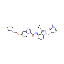 Cn1cccc(Cn2nc(C3CC3)c3c(NC(=O)c4cnc5cc(OCCN6CCCC6)ccn45)cccc32)c1=O ZINC000117893846