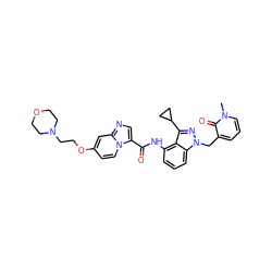 Cn1cccc(Cn2nc(C3CC3)c3c(NC(=O)c4cnc5cc(OCCN6CCOCC6)ccn45)cccc32)c1=O ZINC000117887363