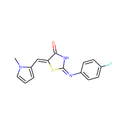 Cn1cccc1/C=C1\S/C(=N/c2ccc(F)cc2)NC1=O ZINC000005219219