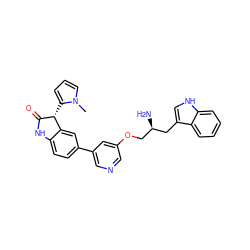 Cn1cccc1[C@H]1C(=O)Nc2ccc(-c3cncc(OC[C@@H](N)Cc4c[nH]c5ccccc45)c3)cc21 ZINC000045321256