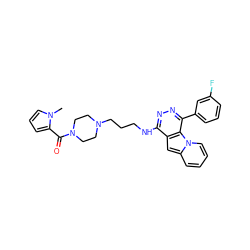 Cn1cccc1C(=O)N1CCN(CCCNc2nnc(-c3cccc(F)c3)c3c2cc2ccccn23)CC1 ZINC000049073485