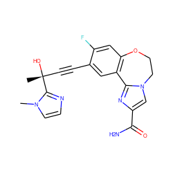 Cn1ccnc1[C@](C)(O)C#Cc1cc2c(cc1F)OCCn1cc(C(N)=O)nc1-2 ZINC000215747386