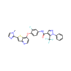 Cn1ccnc1-c1cc2nccc(Oc3ccc(NC(=O)c4cnn(-c5ccccc5)c4C(F)(F)F)cc3F)c2s1 ZINC000049783637