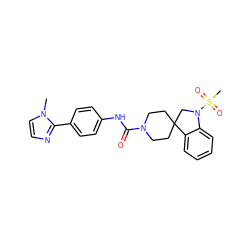 Cn1ccnc1-c1ccc(NC(=O)N2CCC3(CC2)CN(S(C)(=O)=O)c2ccccc23)cc1 ZINC000045288004
