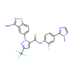 Cn1ccnc1-c1ccc(NC(=O)c2cc(C(F)(F)F)nn2-c2ccc3onc(N)c3c2)c(F)c1 ZINC000013611507