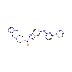 Cn1ccnc1CN1CCN(C(=O)c2cc3cc(Nc4nccc(-c5ccccn5)n4)ccc3[nH]2)CC1 ZINC000144214595