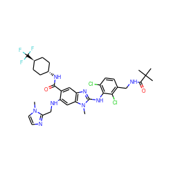 Cn1ccnc1CNc1cc2c(cc1C(=O)N[C@H]1CC[C@H](C(F)(F)F)CC1)nc(Nc1c(Cl)ccc(CNC(=O)C(C)(C)C)c1Cl)n2C ZINC000261185707