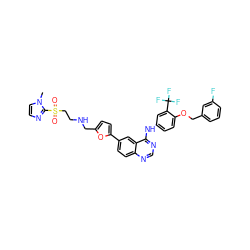Cn1ccnc1S(=O)(=O)CCNCc1ccc(-c2ccc3ncnc(Nc4ccc(OCc5cccc(F)c5)c(C(F)(F)F)c4)c3c2)o1 ZINC000034800124