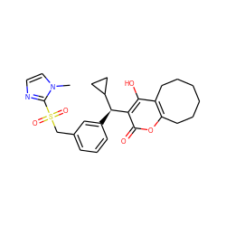 Cn1ccnc1S(=O)(=O)Cc1cccc([C@H](c2c(O)c3c(oc2=O)CCCCCC3)C2CC2)c1 ZINC000027311157