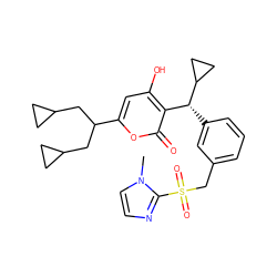 Cn1ccnc1S(=O)(=O)Cc1cccc([C@H](c2c(O)cc(C(CC3CC3)CC3CC3)oc2=O)C2CC2)c1 ZINC000027317634