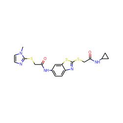 Cn1ccnc1SCC(=O)Nc1ccc2nc(SCC(=O)NC3CC3)sc2c1 ZINC000002491297