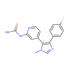 Cn1cnc(-c2ccc(F)cc2)c1-c1ccnc(NC(N)=O)c1 ZINC000167241590