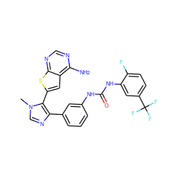 Cn1cnc(-c2cccc(NC(=O)Nc3cc(C(F)(F)F)ccc3F)c2)c1-c1cc2c(N)ncnc2s1 ZINC000049774662