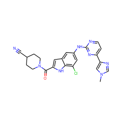 Cn1cnc(-c2ccnc(Nc3cc(Cl)c4[nH]c(C(=O)N5CCC(C#N)CC5)cc4c3)n2)c1 ZINC000222326657